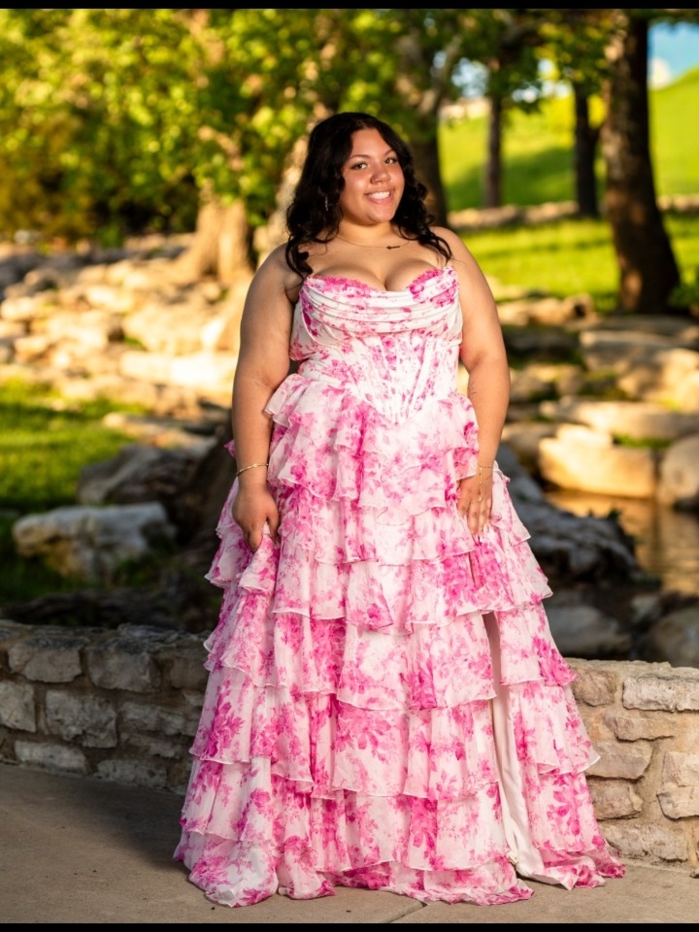Curvy Pink Floral Ruffle Prom Gown - Picture 2 of 3